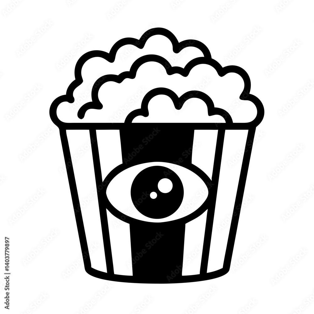 Poster popcorn with eye icon representing movie viewing and entertainment experience
