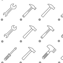 Pattern of labor tools( Wrench, hammer and screwdriver), thin line icons, white background