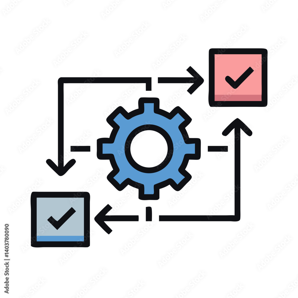 Poster Process Flow Diagram with Gear Icon Representing Workflow Automation and System Optimization