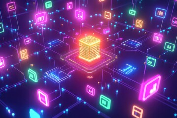 A dynamic scene of interconnected circuit boards and software icons around a central glowing code snippet in neon colors, surrounded by floating binary digits.