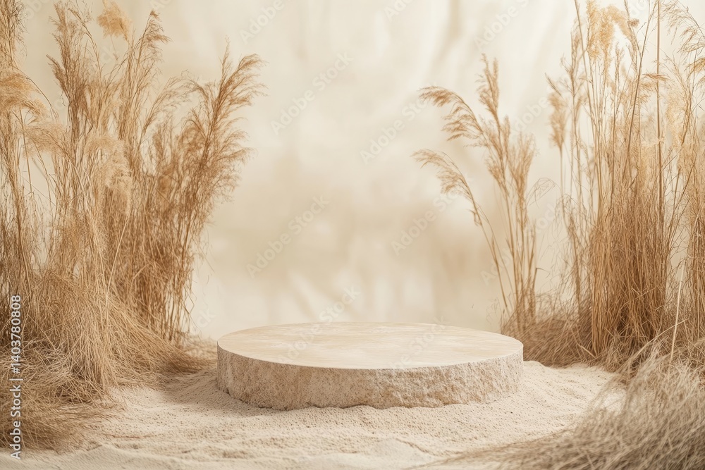 Poster natural elements create a serene backdrop with dried grasses and a stone pedestal in soft, diffused 