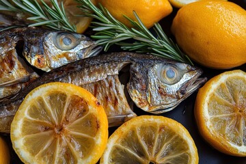 Delicious grilled fish with fresh lemon slices and rosemary sprigs on a dark plate culinary delight food photography close up shot of healthy seafood meal