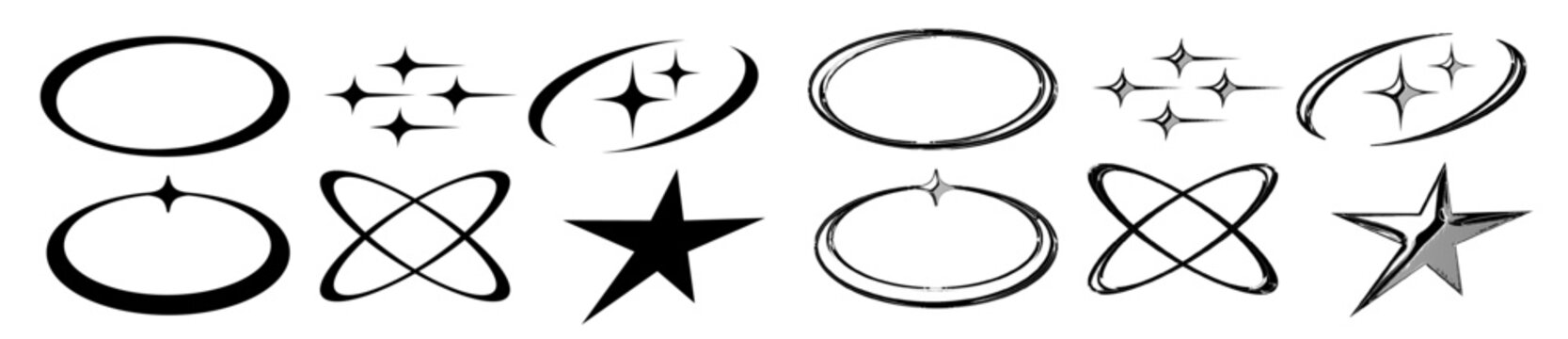 Retro Y2K Abstract Star and Circle Vector set Elements PNG  Liquid Fluid Halftone Shapes with Grunge Geometric Style, Transparent Background Vaporwave Icons, Futuristic Atomic Starburst Aesthetic