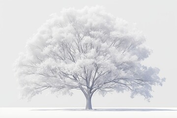 Isolated tree blooms, with white flowers and snow, detailed branches, soft shadow