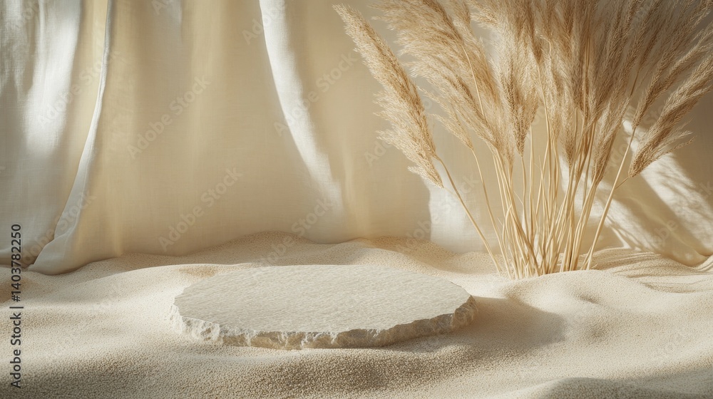 Poster natural elements combine in a simple composition featuring stone and dry grass against soft fabric f