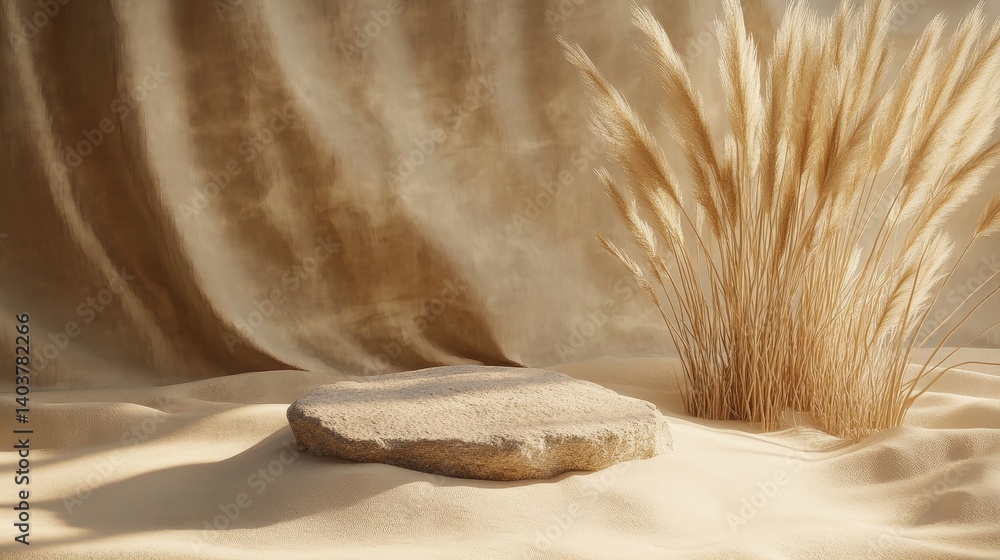 Poster natural elements combine in a simple composition featuring stone and dry grass against soft fabric f