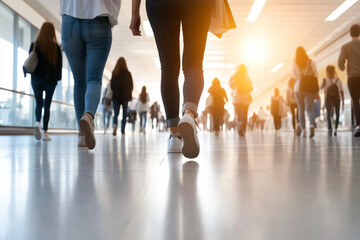 Motion blur captures busy shoppers walking through a modern shopping mall during sunset hours