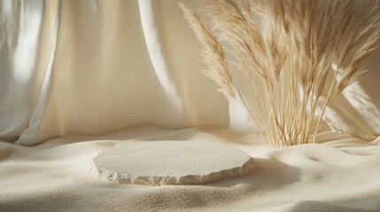 Natural Elements Combine in a Simple Composition Featuring Stone and Dry Grass Against Soft Fabric for a Tranquil Aesthetic