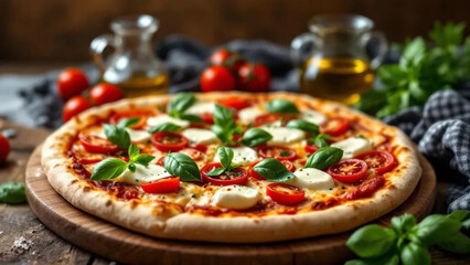 Italian pizza with tomatoes, basil and mozzarella cheese. Jug of olive oil in the background. 