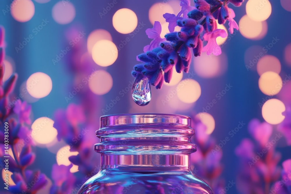 Poster serene lavender essence drips into a glass bottle against a soft bokeh backdrop creating a calming s