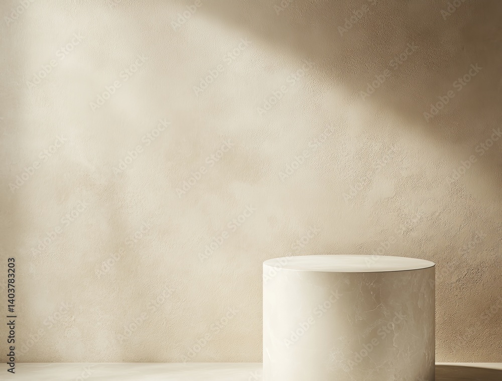 Poster minimalist design featuring a round pedestal in a softly lit room with neutral tones and smooth text