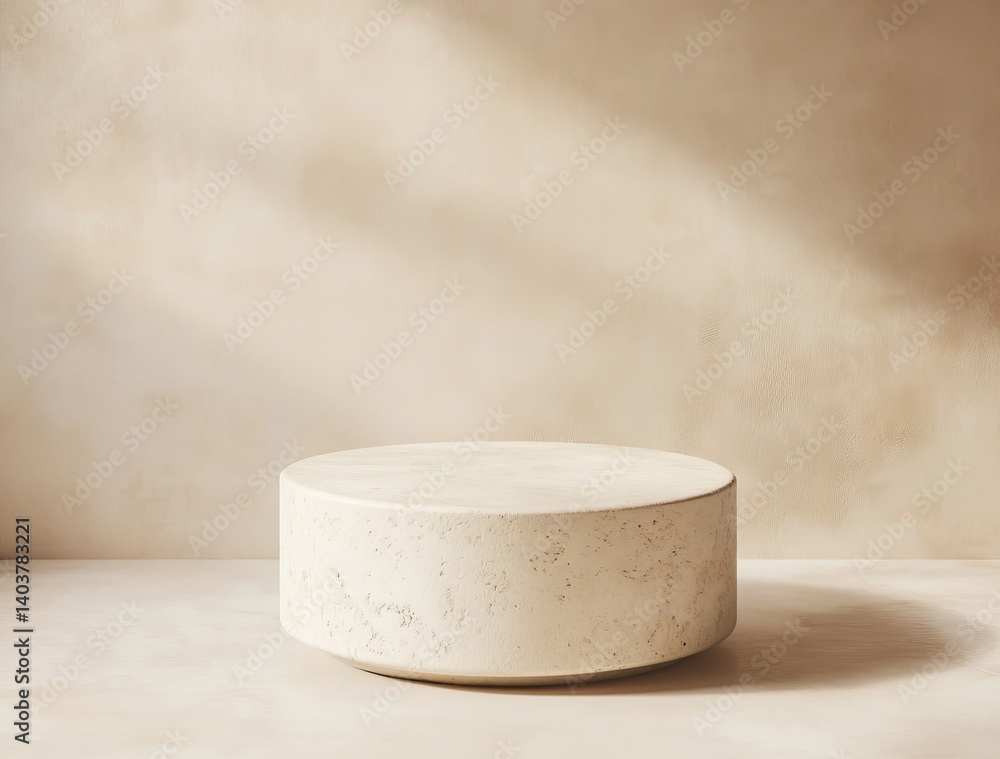 Aufkleber minimalist design featuring a round pedestal in a softly lit room with neutral tones and smooth text
