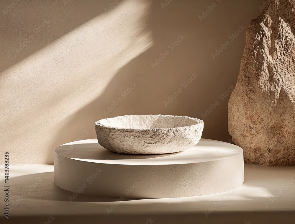 Aufkleber minimalist design featuring a round pedestal in a softly lit room with neutral tones and smooth text