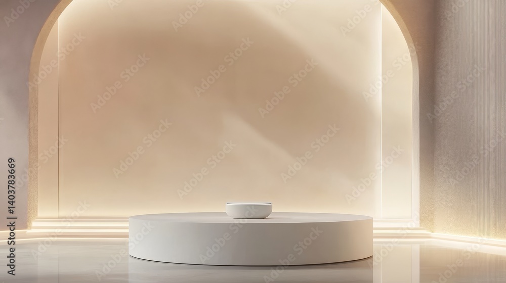 Poster modern minimalist interior design featuring a simple platform with a mattress in a softly lit archit