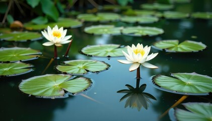 Water lilies and other flora create a natural pattern on a lake, image, landscape