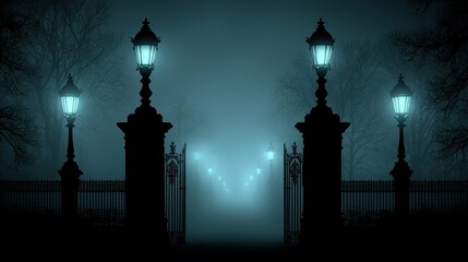 Mysterious Foggy Night at the Park Entrance