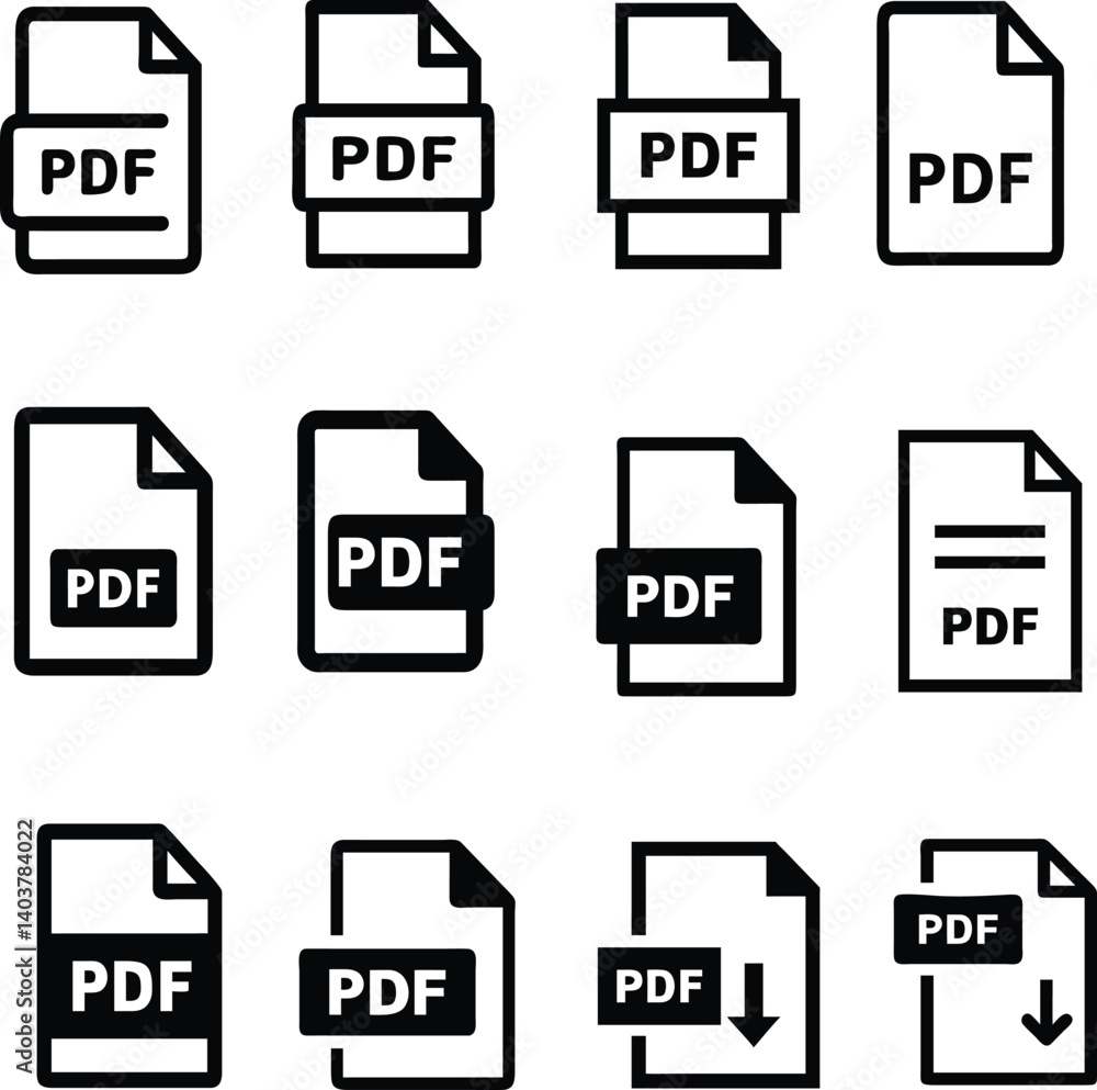 Poster pdf file icon set in vector format for web, mobile, or graphic design projects. collection, pack,