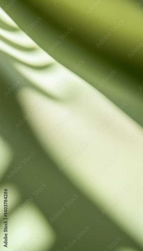 Poster soft shadows and gentle light create an abstract composition on a smooth green surface during the la