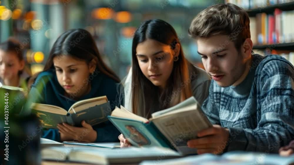 Aufkleber This Three students focused on their books in a warm, inviting library setting with soft lighting.