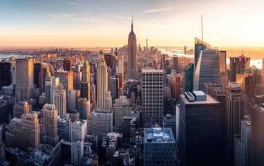 Panoramic view of New York City skyline at sunset.  A vast array of skyscrapers, stretching across the urban landscape, bathed in warm golden hues as the sun dips below the horizon