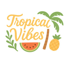 Summer tropical lettering with palm tree, pineapple and watermelon. Fun vacation beach composition.