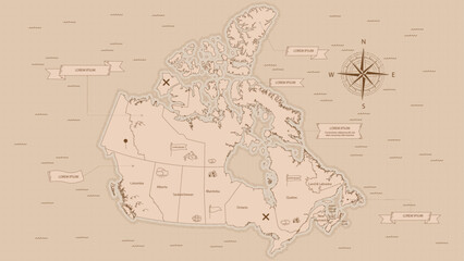 Vintage Canada Map: A vintage-style map of Canada with a compass, highlighting its provinces and territories.  The map has a warm.