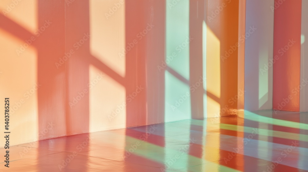 Poster abstract interior with colorful light and shadow play on walls and floor creating a modern artistic 