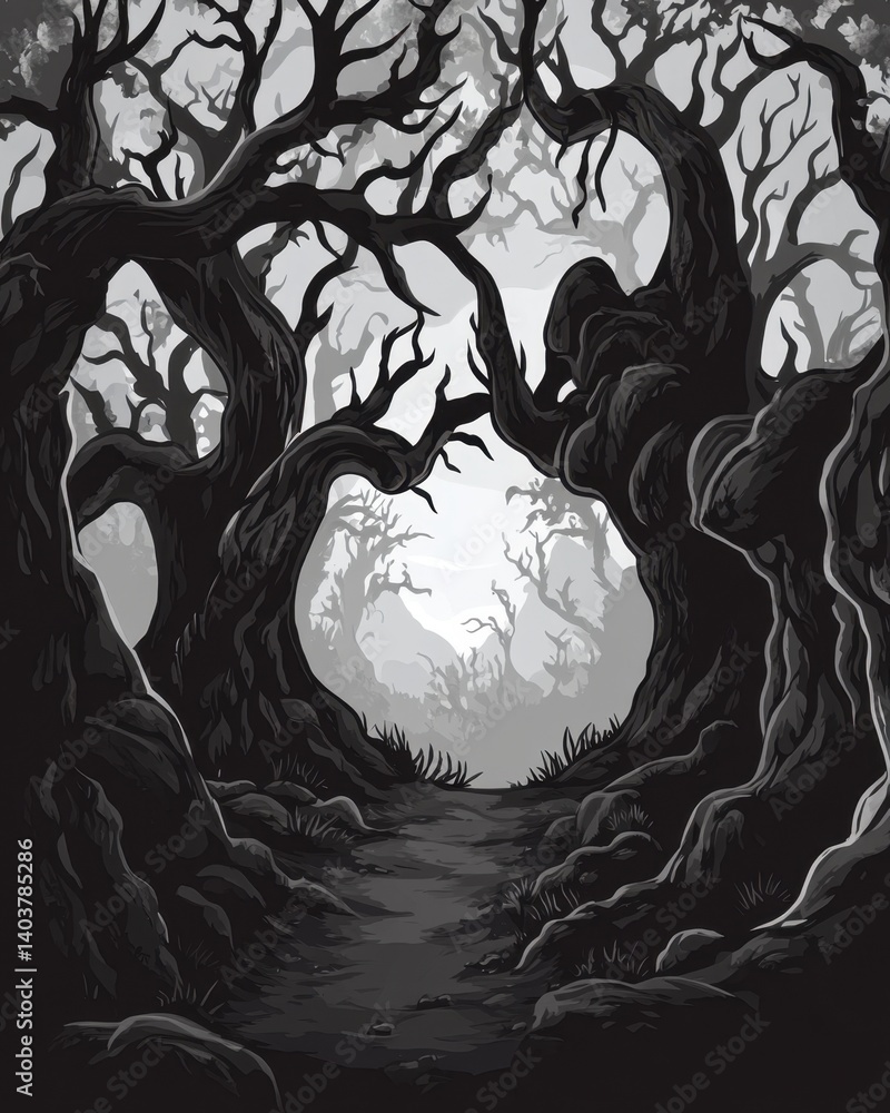 Poster eerie grayscale forest path illustration with gnarled trees creating a spooky and mysterious atmosph