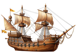 Realistic illustration of a historic sailing ship with elaborate rigging and sails, symbolizing exploration and naval heritage