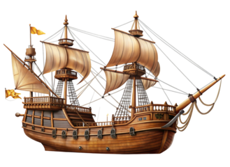 Realistic illustration of a historic sailing ship with elaborate rigging and sails, symbolizing exploration and naval heritage