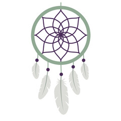 Dreamcatcher design featuring feathers and geometric patterns in flat vector art
