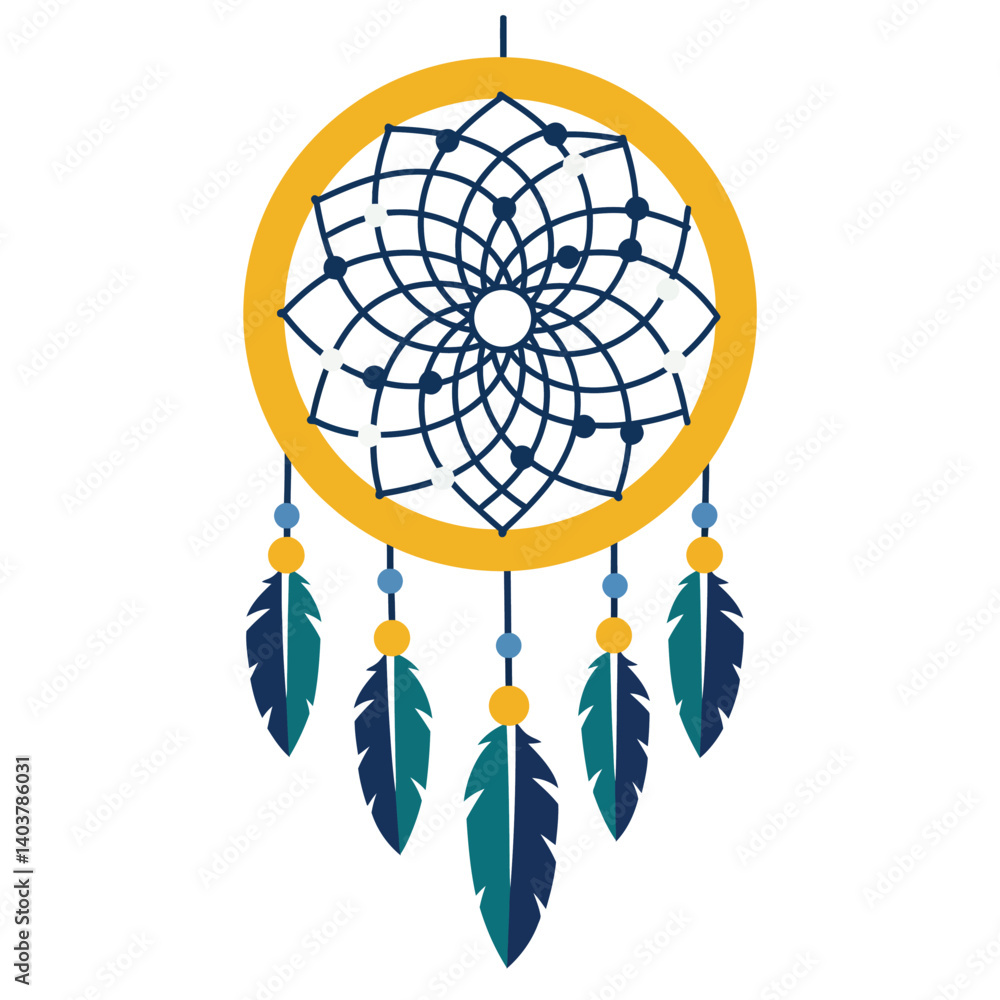 Poster dreamcatcher design featuring intricate web and colorful feathers in flat vector art style