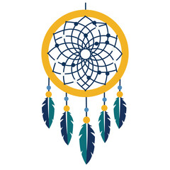 Dreamcatcher design featuring intricate web and colorful feathers in flat vector art style
