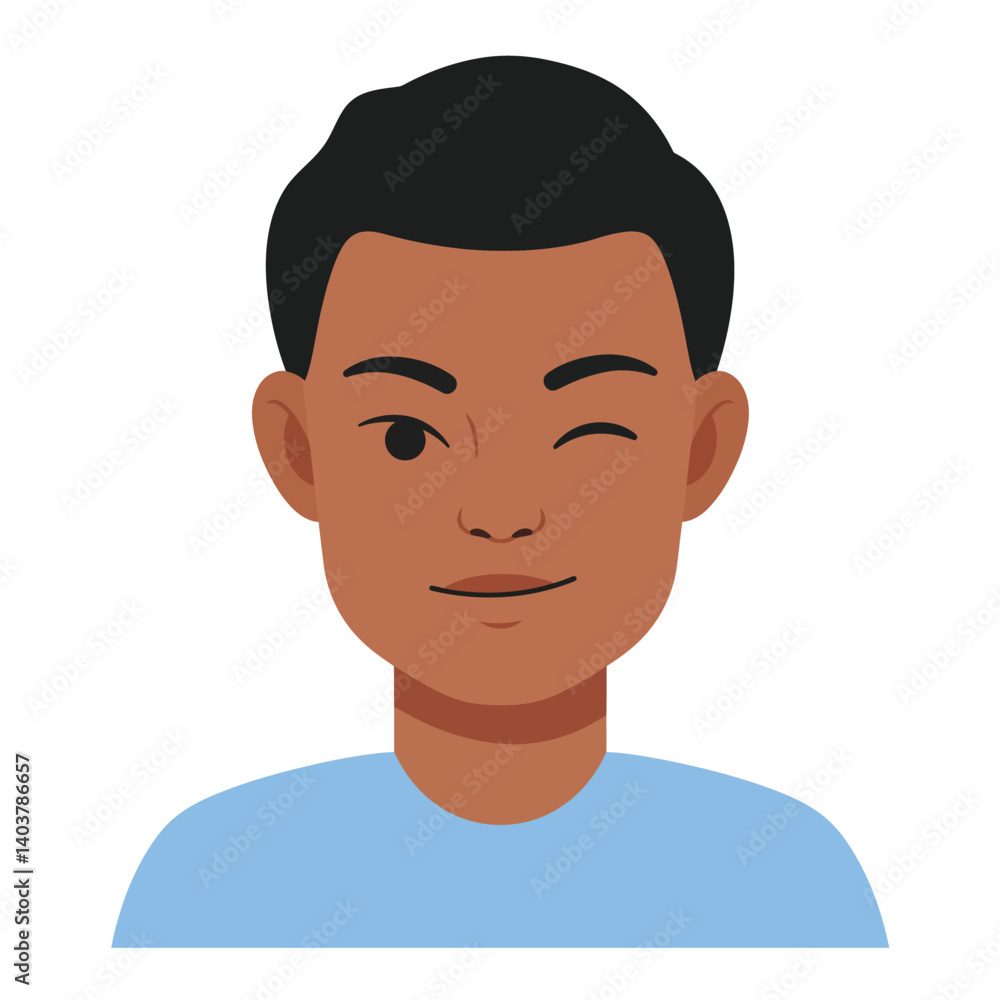 Poster smiling young man with winking expression in flat vector art style vector illustration