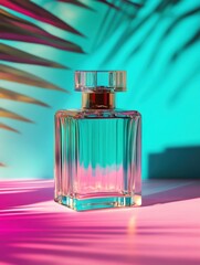 Elegant perfume bottle on vibrant pink surface with tropical leaf shadows creating a modern aesthetic and luxury appeal