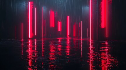 Red Neon Lights Reflecting on Wet Ground