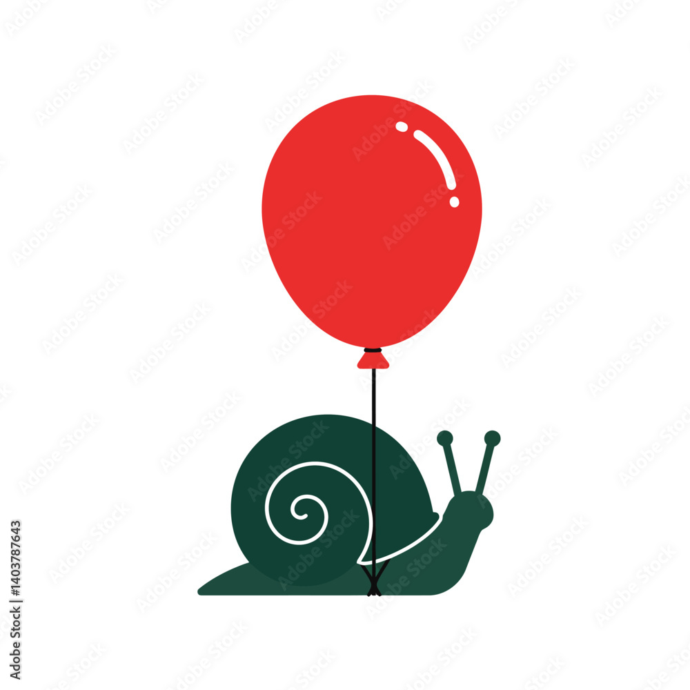 Poster snail with red balloon in minimal flat design style vector art