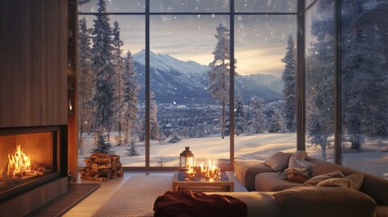 Cozy Winter Living Room With Fireplace and Panoramic Windows Showcasing Snow-Covered Trees and a Festive Atmosphere