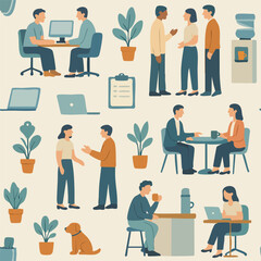 A seamless pattern of people and plants in an office space