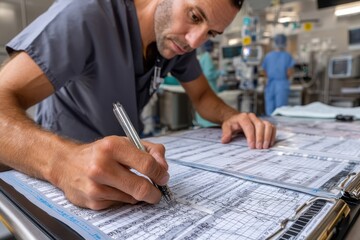 A dedicated healthcare professional meticulously reviewing and documenting patient information in a busy hospital setting, showcasing the importance of accurate record-keeping.