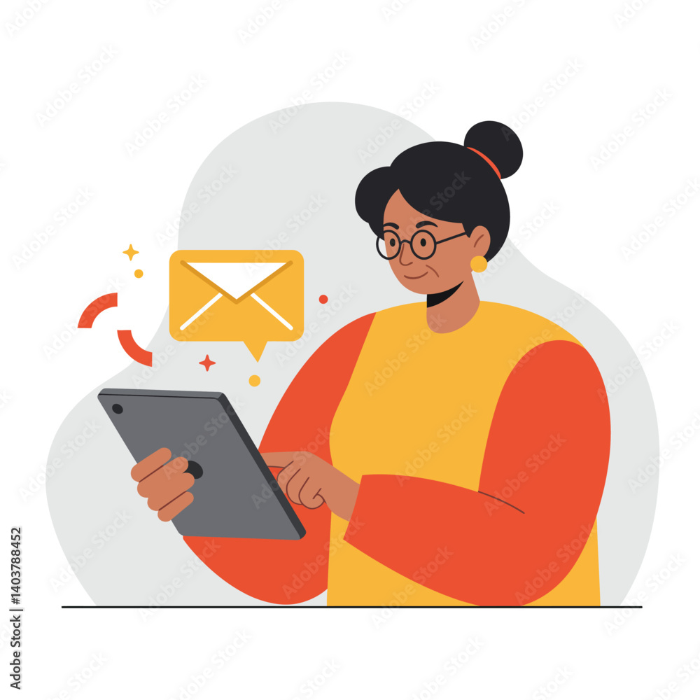 Poster woman using tablet to check email notifications in flat vector art