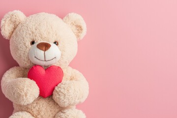 A cute teddy bear holding a red heart, set against a soft pink background, perfect for expressing love and affection.