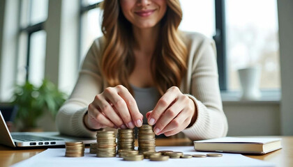 Woman Counting and Organizing Stacks of Coins on Desk in Financial Planning Scene
