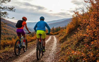 Fototapeta premium Couple cycling through autumn forest path surrounded by colorful foliage and scenic mountains