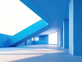 Obraz premium Serene blue architecture with sunlight casting shadows in a modern building interior perspective