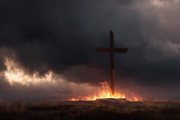 A burning wooden cross standing alone in an open field, with dark clouds rolling in overhead, sacred, holy. Brimstone. Illustration.
