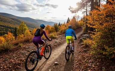 Fototapeta premium Couple cycling through autumn forest path surrounded by colorful foliage and scenic mountains