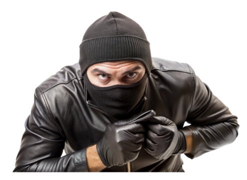 Close up of masked man in classic burglar attire with striped shirt and gloves, showcasing criminal intent