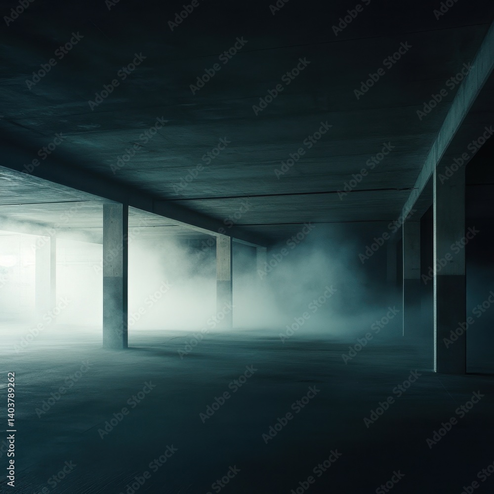 Poster eerie concrete structure with atmospheric mist and dramatic lighting creating a mysterious ambience 