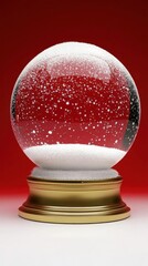Festive snow globe with falling snowflakes on a red backdrop creating a magical winter wonderland scene holiday season